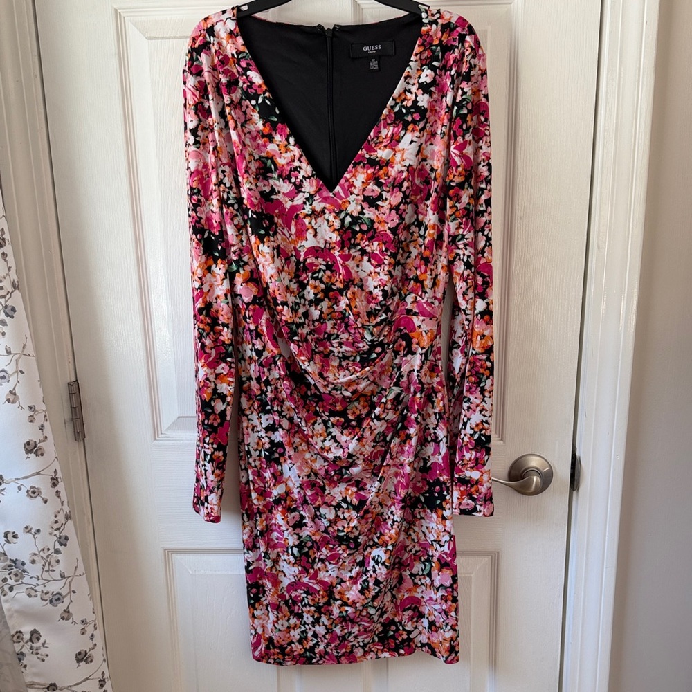 Guess Pink and Black Floral Long Sleeve Dress
